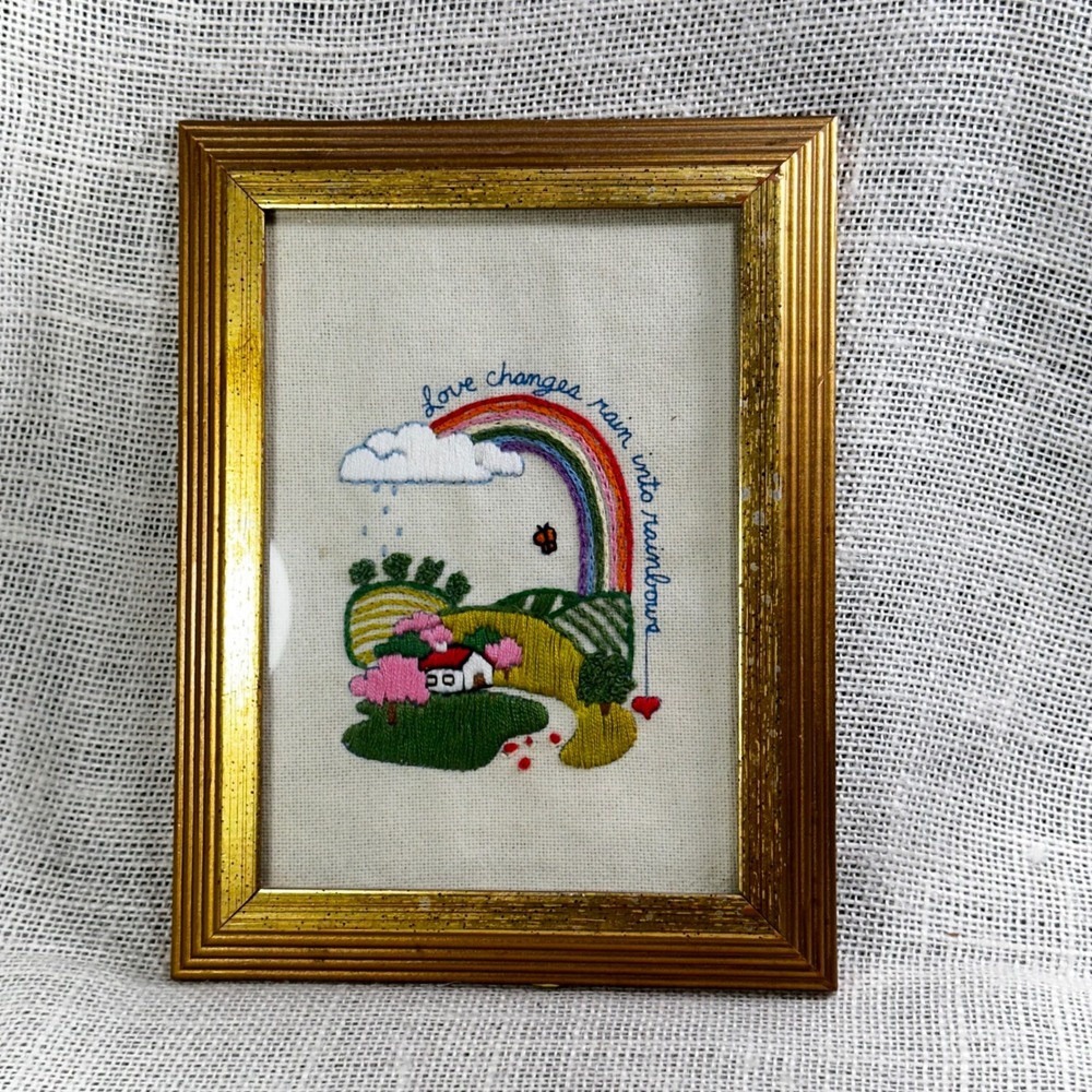 Vintage Sunset Designs Framed Embroidery Love Changes Rain Into Rainbows Gold